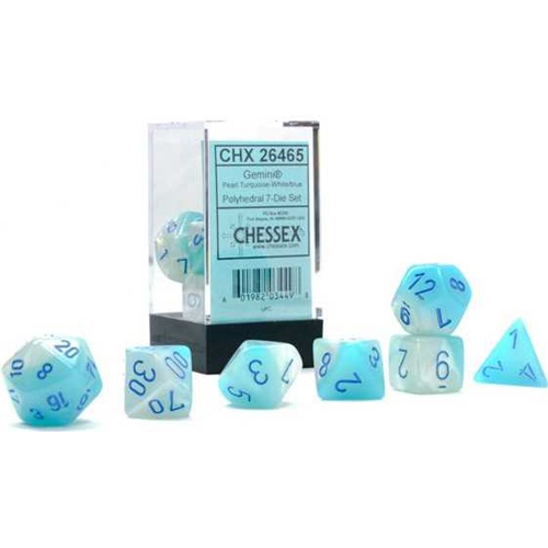 CHX26465 Chessex Gemini 7 Dice Polyhedral Set - Pearl Turquoise And White With Blue published by Chessex